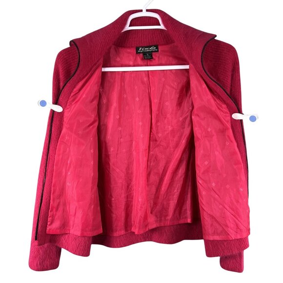 Vintage VENESHA Womens L 80% Angora Fuzzy Fuchsia Zip Sweater Jacket Old Money - Picture 3 of 16
